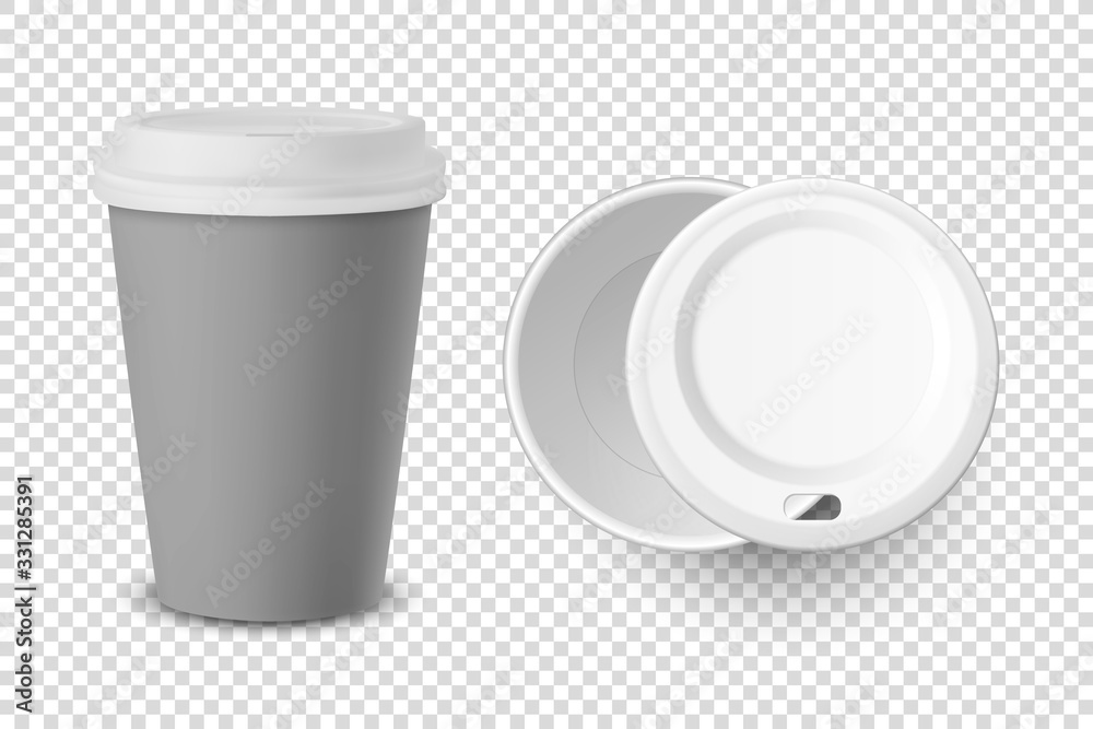 Vector 3d Realistic Gray Disposable Closed and Opened Paper, Plastic Coffee Cup for Drinks with White Lid Set Closeup Isolated on Transparent Background. Design Template, Mockup. Top and Front View Vector 3d Realistic Gray Disposable Closed and Opened Paper, Plastic Coffee Cup for Drinks with White Lid Set Closeup Isolated on Transparent Background. Design Template, Mockup. Top and Front View
