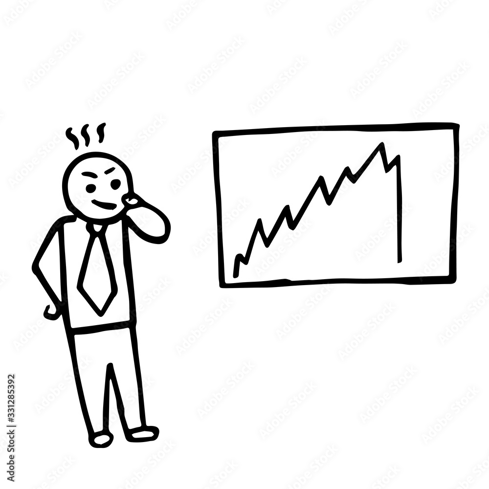 Business stick figure thinking and analysing price behavior. Hand drawn funny illustration in grunge style. Business stick figure thinking and analysing price behavior. Hand drawn funny illustration in grunge style.