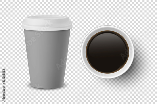 Vector 3d Realistic Gray Disposable Closed and Opened Paper, Plastic Coffee Cup for Drinks with Black Lid Set Closeup Isolated on Transparent Background. Design Template, Mockup. Top and Front View