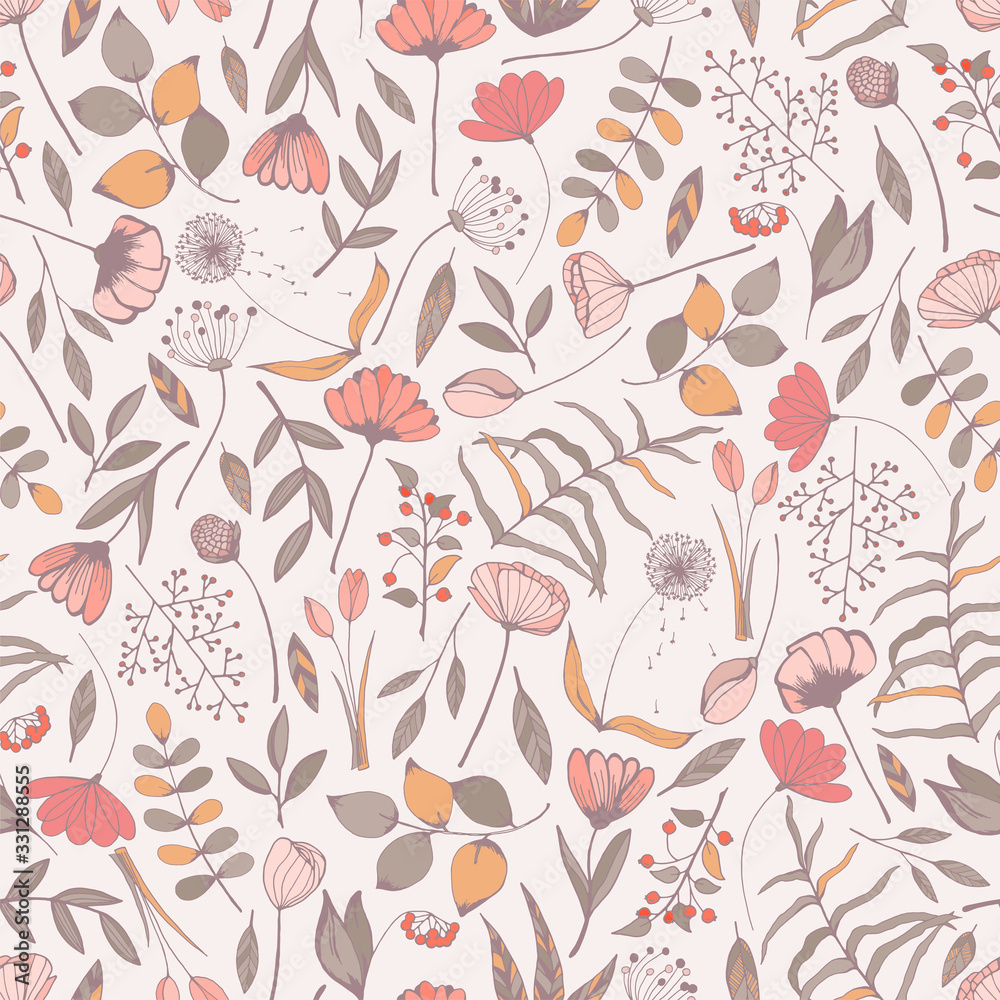 Hand drawn seamless pattern vector of flowers, branches, leaves, berries. Spring colored floral doodle illustration for design cards, invitations, wallpaper, wrapping paper, fabric, textile, packaging
