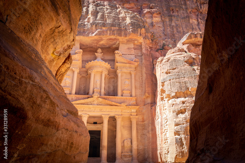 View on The Treasury from the Siq Canyon, in Petra, Jordan