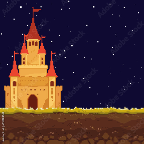 Pixel night castle for games and web sites. Castles and fortresses vector icons. Pixel art. Old school computer graphic style.8 bit.