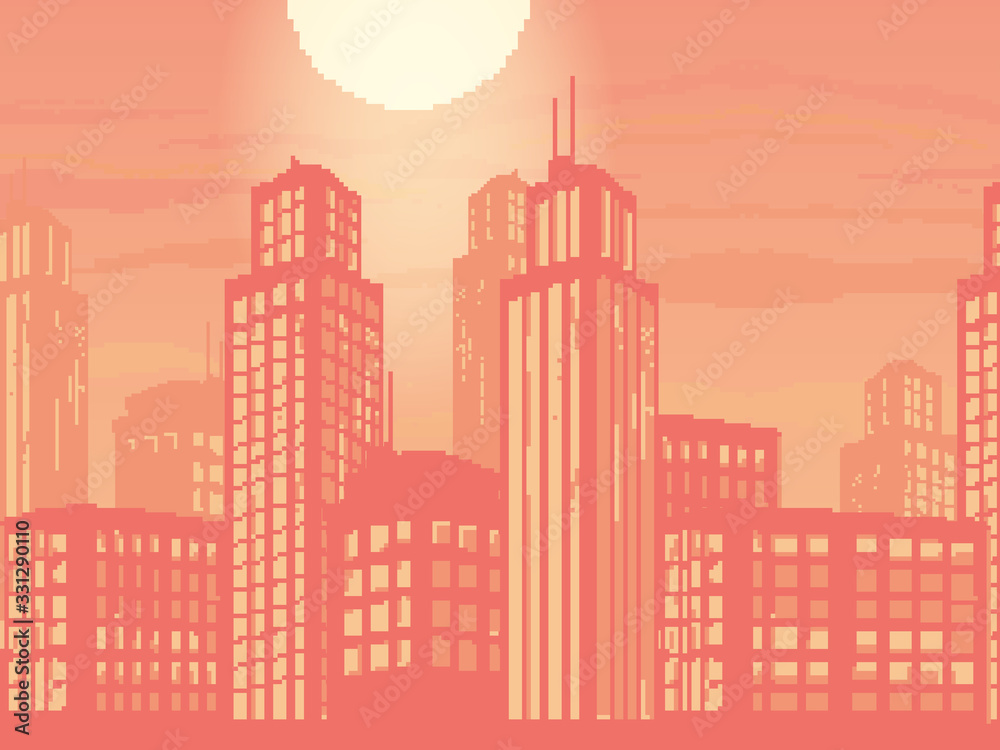 Vector illustration of pixel art city. Pixel art  retro futuristic background for game. 8 bit. Pixel sunset city.