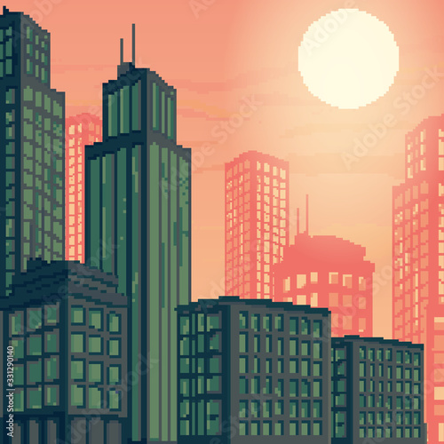 Vector illustration of pixel art city. Pixel art  retro futuristic background for game. 8 bit. Pixel sunset city.