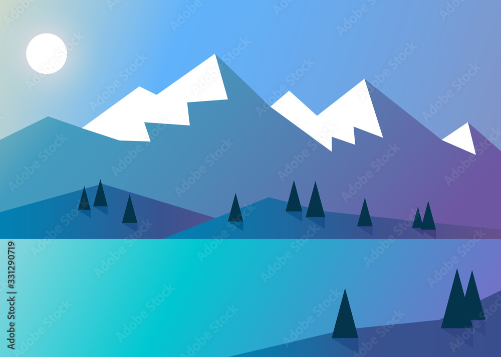 Beautiful mountains lake, great design for any purposes. Travel background. Mountain forest landscape. Abstract landscape. Vector banner with polygonal landscape illustration. Minimalist style
