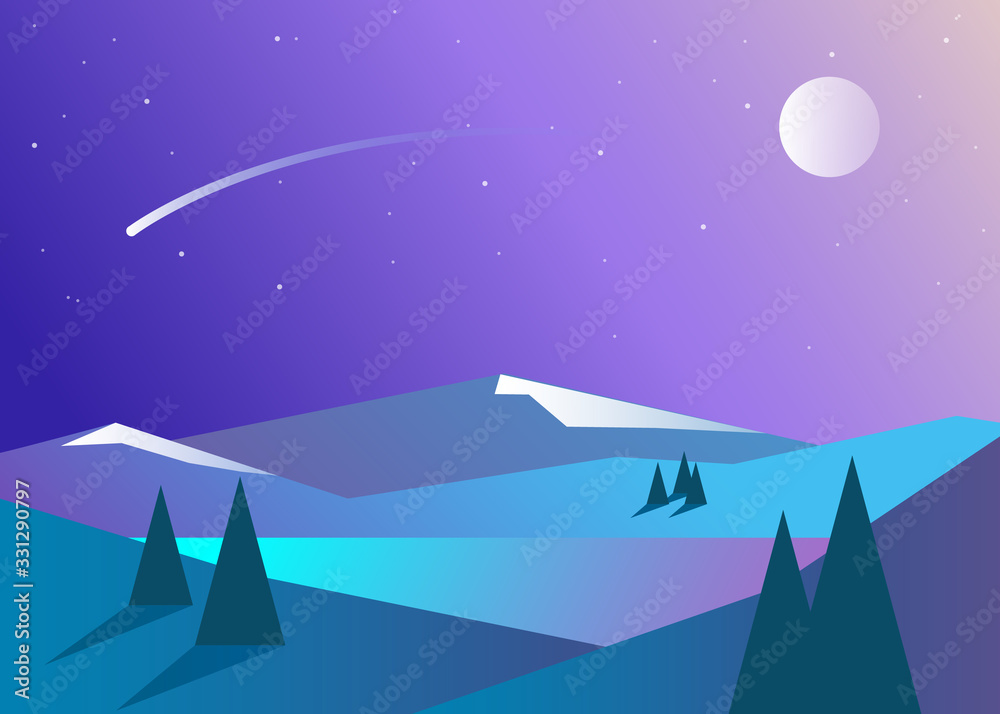 Beautiful mountains lake night, great design for any purposes. Travel background. Mountain forest landscape. Abstract landscape. Vector banner with polygonal landscape illustration. Minimalist style