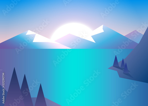 Beautiful sun mountains lake, great design for any purposes. Travel background. Mountain forest landscape. Abstract landscape. Vector banner with polygonal landscape illustration. Minimalist style