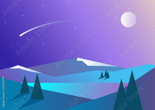 Beautiful mountains lake night  great design for any purposes. Travel background. Mountain forest landscape. Abstract landscape. Vector banner with polygonal landscape illustration. Minimalist style