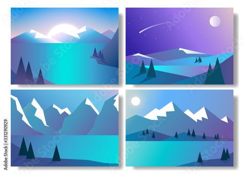 Abstract landscape set, Vector banners set with polygonal landscape illustration, Minimalist style