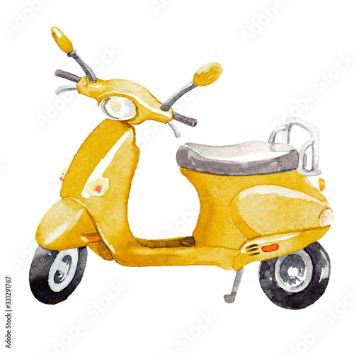 Watercolor hand painted retro hipster scooter illustration isolated on white background photo