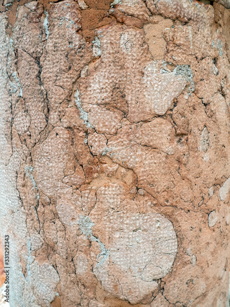 Old pink stucco in the cracks. A pattern is visible on the cement, which could remain from the tiles. Vertical stone background. Old pink stucco in the cracks. A pattern is visible on the cement, which could remain from the tiles. Vertical stone background.
