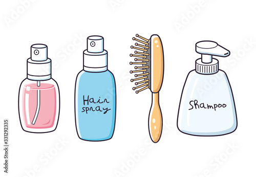 Perfume fragrance bottle, spray can, hair brush or comb, shampoo or liquid soap isolated.