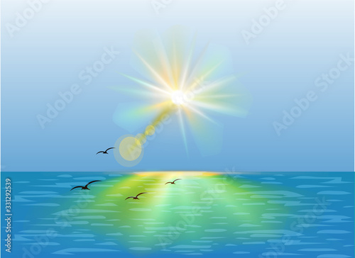 Seascape  blue sea and sun  wave  summer sign with seagulls     stock vector