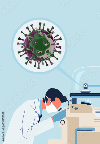 Using a modern microscope, a virologist scientist studies Covid-19 virus samples in search of a coronavirus vaccine.