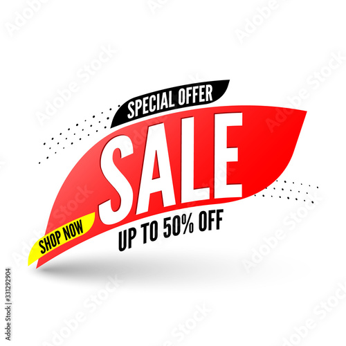 Red sale banner on white background, up to 50% off. Vector illustration.