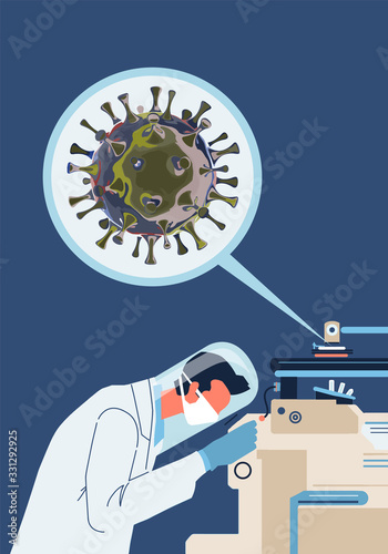 Using a modern microscope, a virologist scientist studies Covid-19 virus samples in search of a coronavirus vaccine.