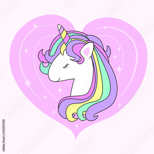 Unicorn head on pink heart background. Kids cute happy cartoon with for invitation card, baby clothes, nursery art, sticker, print, pop art. Kawai fantasy animal. Vector illustration