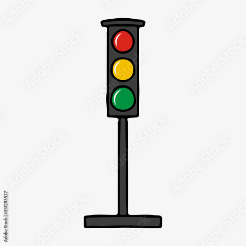 Traffic light icon. Bright cartoon illustration. Vector graphic hand drawing. Vertical view. Isolated object on a white background. Isolate.