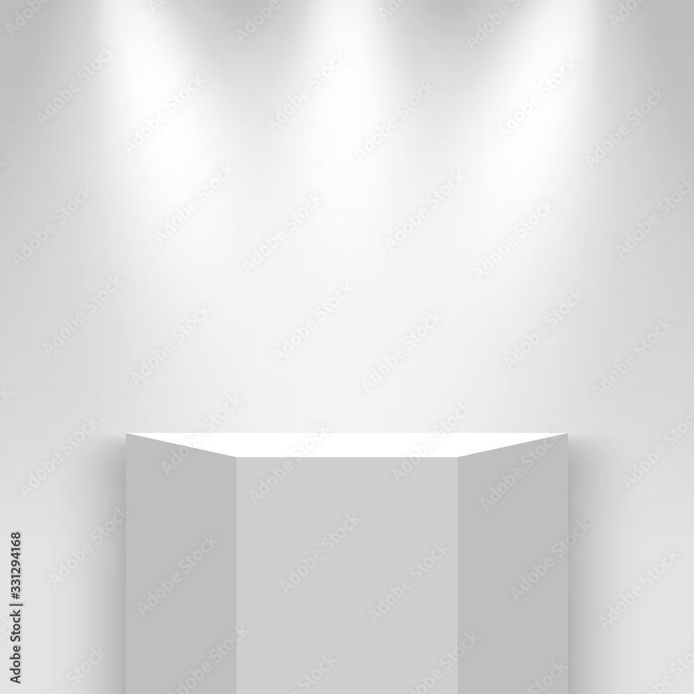 Fototapeta premium White exhibition stand with spotlights. Pedestal. Vector illustration.