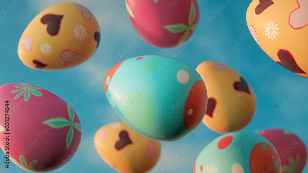 Colorful easter eggs flying in the sky - 3D Rendering Colorful easter eggs flying in the sky - 3D Rendering