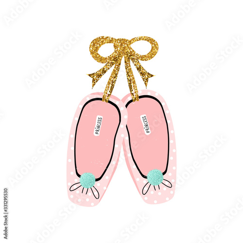 Cute print with ballet shoes and gold gitter bow. Vector hand drawn illustration.
