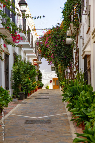 Fototapeta Naklejka Na Ścianę i Meble -  Beautiful streets of Marbella old town. Flowers, old buildings architecture. White houses , blue sky