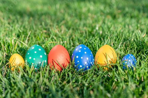 our easter eggs of different colors lay on green spring grass, space for text, celebration of easter holiday, geetings concept