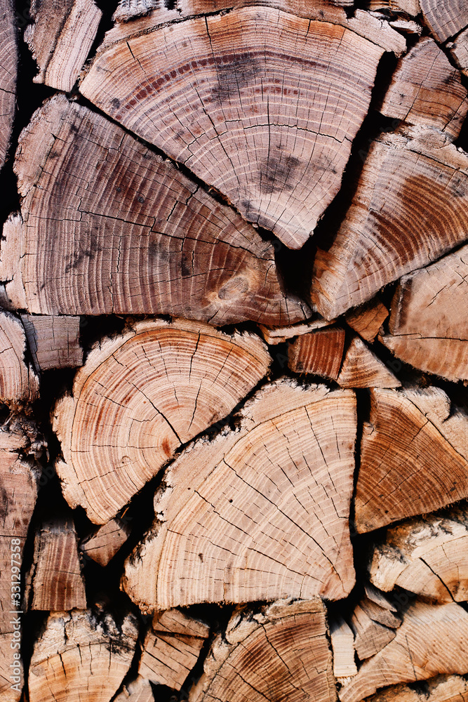 Naklejka premium Wooden abstract background.Texture of wooden boards with aged rings.Old tree with aged rings.Firewood of various sizes and shapes.