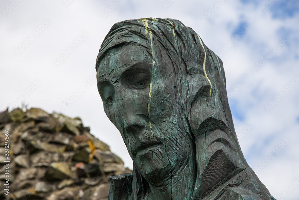 Statue Of Saint Cuthbert on the Holy Island priory at Lindisfarne