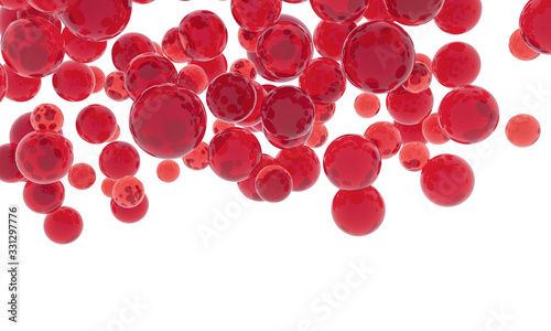 Red candies fly on white space. Chewing gum, sweets or jelly - Advertising Poster. Red blood cells microbiology. Microbes, virus sphere - 3d background illustration. Pathogenic bacteria enter blood