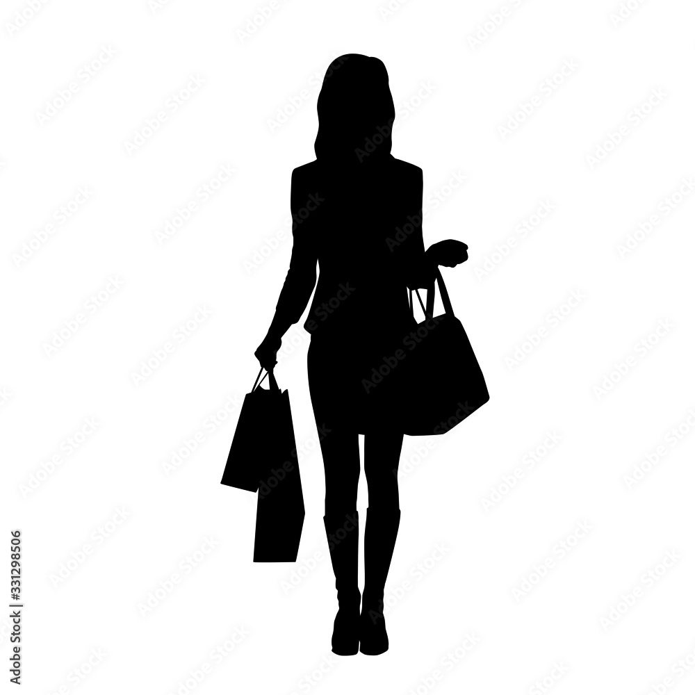 Woman holding shopping bags, isolated vector silhouette. Front view