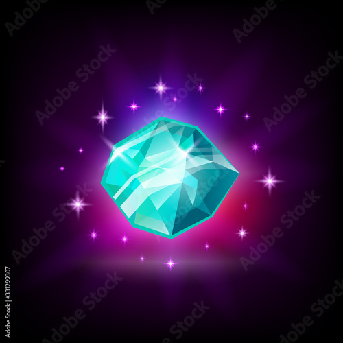 Shining blue diamond, gemstone, slot icon for online casino or logo for mobile game on dark background, vector illustration.