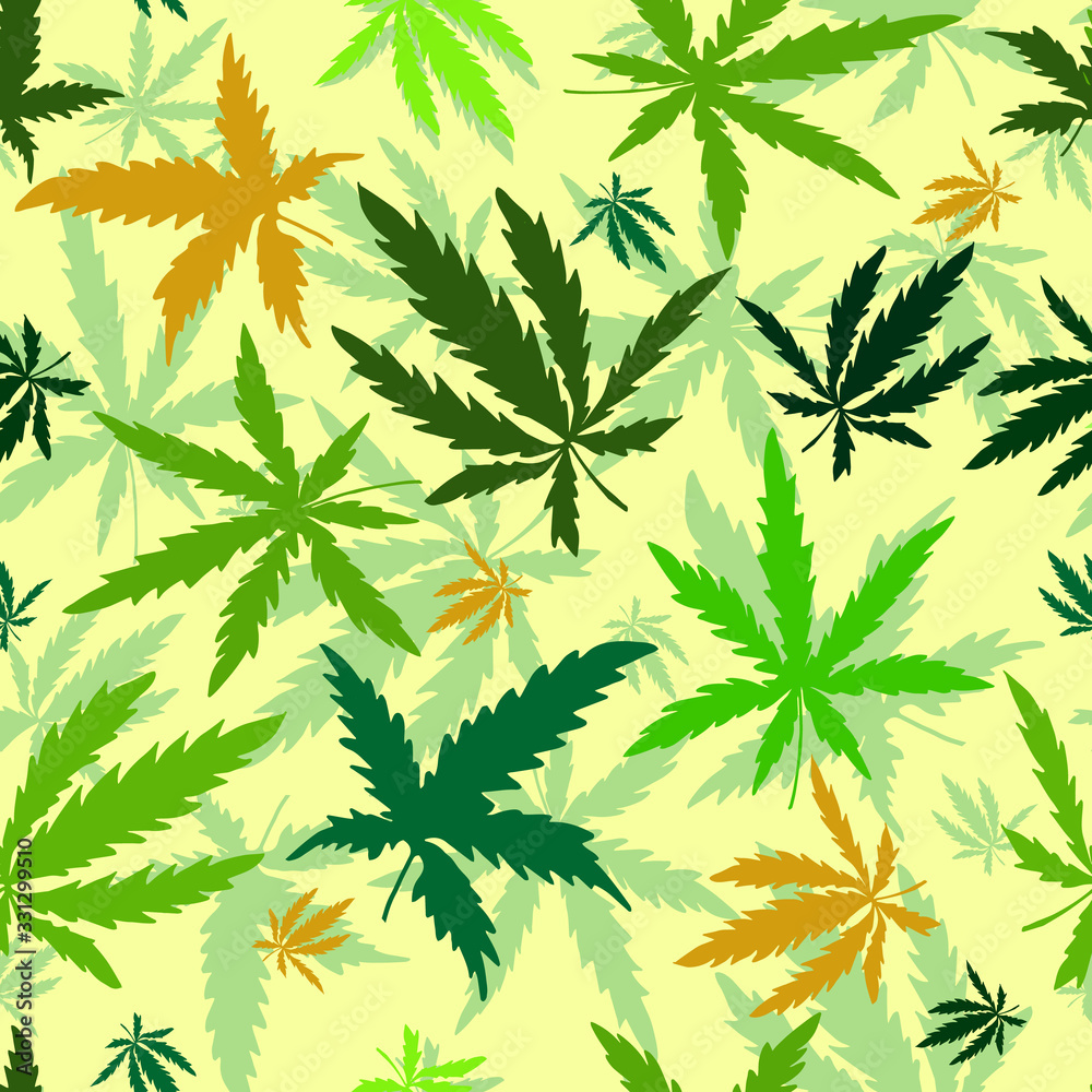 Colorful seamless pattern with hand-drawn hemp. Green cannabis leaves on a yellow background. Vector eps 10.