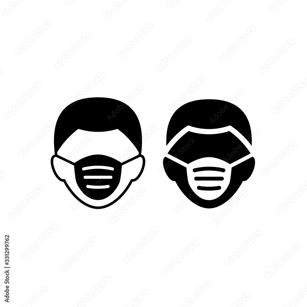 Medical mask on human head black isolated vector icon. Mask on man`s face symbol. Medical mask on human head black isolated vector icon. Mask on man`s face symbol.