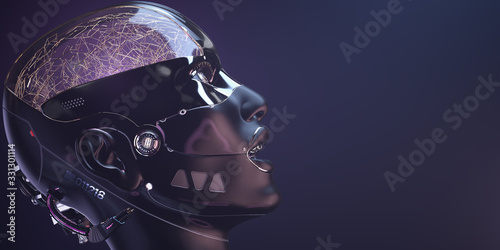 Cybernetic brain in cyborg face with golden paint on it, futuristic robotic head concept art of artificial intelligence network with copyspace, 3d render