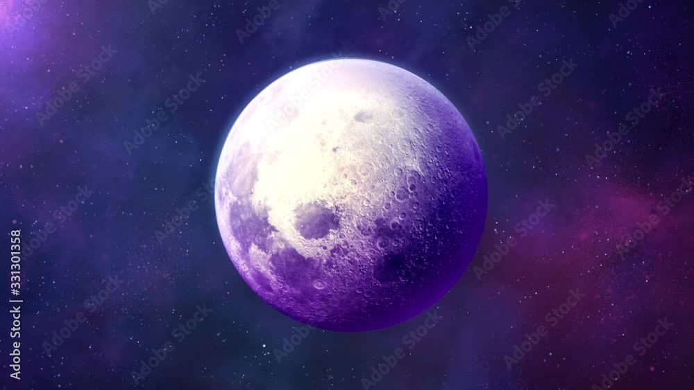 A brightly lit moon rotates against a backdrop of fantastic space. A brightly lit moon rotates against a backdrop of fantastic space.