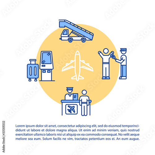Airport concept icon with text. PPT page vector template. Self service kiosk, terminal check in, security control. Airline company brochure, magazine, booklet design element with linear illustrations