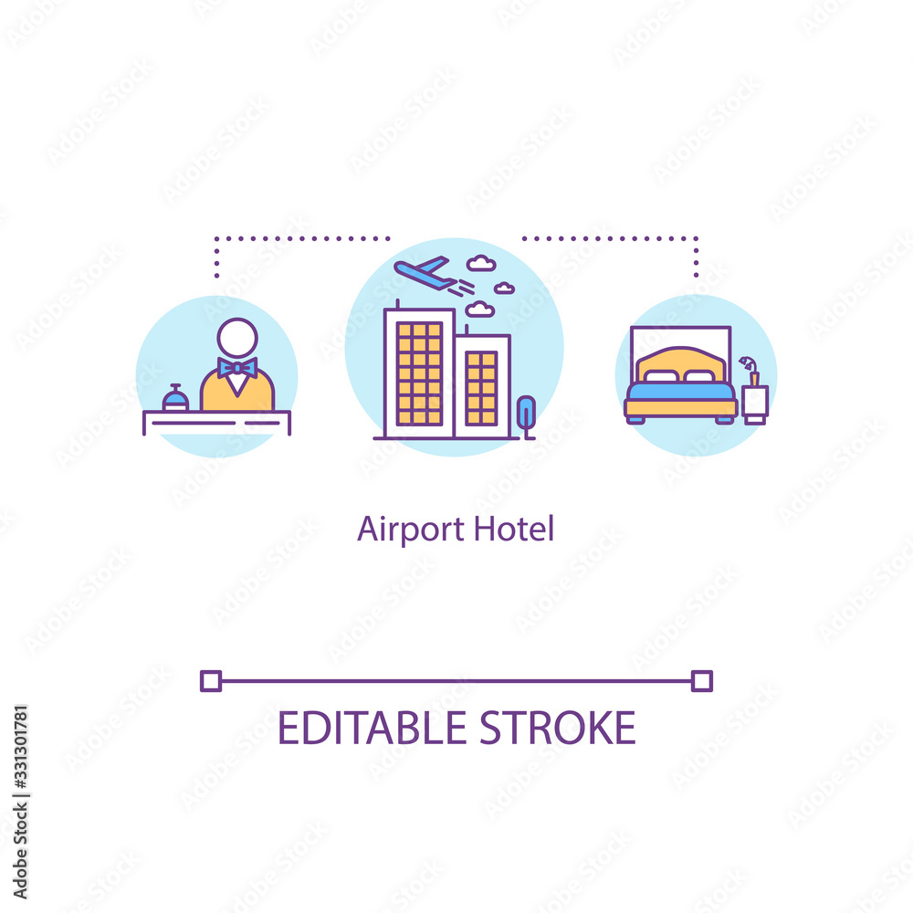 Airport hotel concept icon. Airline company service idea thin line illustration. Room registration, commercial flight booking. Vector isolated outline RGB color drawing. Editable stroke Airport hotel concept icon. Airline company service idea thin line illustration. Room registration, commercial flight booking. Vector isolated outline RGB color drawing. Editable stroke