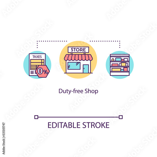 Duty free shop concept icon. Airport store with low prices, tax free sale idea thin line illustration. Airline company service. Vector isolated outline RGB color drawing. Editable stroke