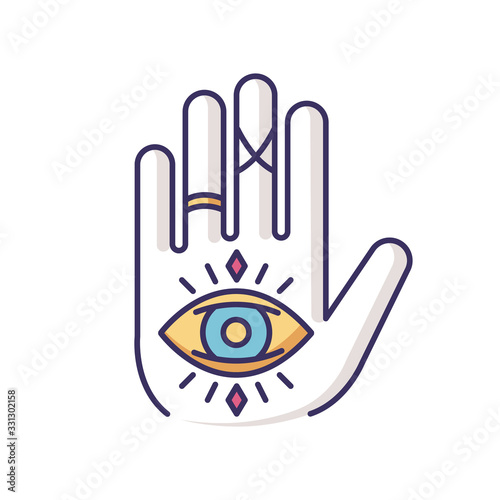 Hand and eye esoteric RGB color icon. Fortune teller mystic symbol. All seeing eye magical sign. Tarot reading, palmistry and future prediction talisman. Isolated vector illustration