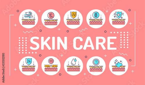 Skin care word lettering typography. Exposure to skin external factors, aging, care, genetics. Infographics with linear icons on pink background. Isolated outline color illustration.