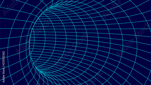 Technology wireframe tunnel on blue background. Futuristic 3D vector grid.