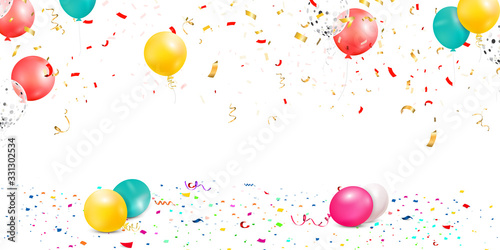 Falling bright colorful confetti, ribbon, stars celebration, serpentine isolated on white background. confetti flying on the floor with balloons. New year, birthday, valentines day design element