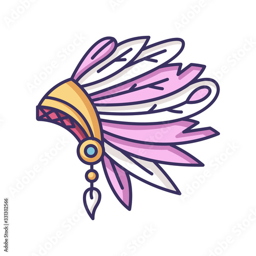 Native Indian American chief hat RGB color icon. Apache tribe ceremonial headwear. Ethnic accessory. Ancient headdress with feathers. Antique head wear. Isolated vector illustration