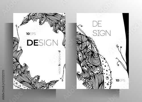 Cover design for book, magazine, brochure catalog template set. Monochrome graphic elements are manually drawn. Vector 10 EPS. 