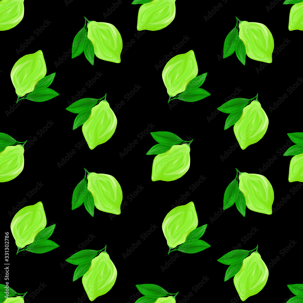 A seamless green lime pattern on black background. The seamless pattern of fresh citrus fruit lime with green leaves. Hand drawn gouache painting. A seamless green lime pattern on black background. The seamless pattern of fresh citrus fruit lime with green leaves. Hand drawn gouache painting.