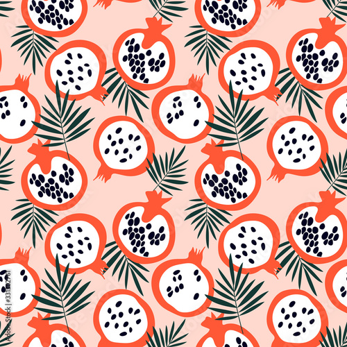 Trendy seamless pattern with pomegranate and leaves. Summer print with fruits in scandinavian style.