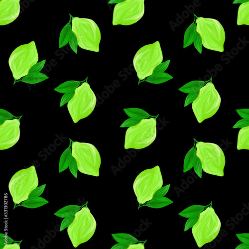 A seamless green lime pattern on black background. The seamless pattern of fresh citrus fruit lime with green leaves. Hand drawn gouache painting.
