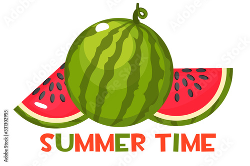 The inscription summer time and juicy ripe watermelon.
