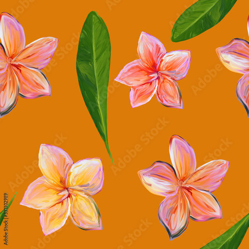 Frangipani Plumeria Tropical Flowers. Seamless Pattern Background. Tropical pink and yellow floral summer seamless pattern orange background with plumeria flowers with leaves.